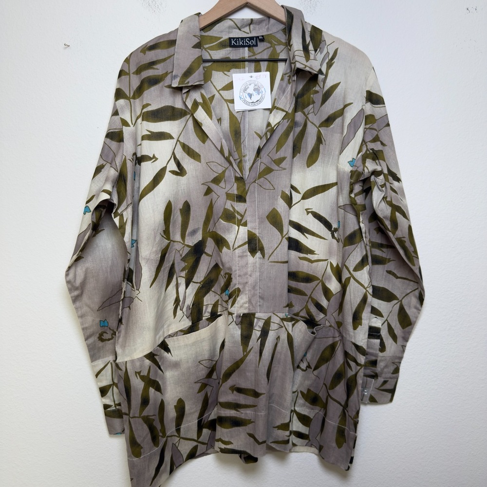 NEW Kikisol Women Henley‎ Tunic Top XL Tan Leaf Popover Vacation Lagenlook
